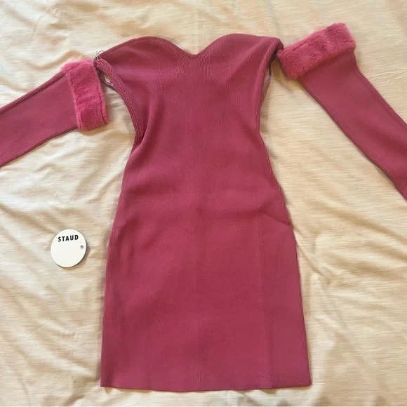 Staud Josee Fur Trimmed Long Sleeve Pink Mini Dress , NEW - Picture 11 of 16